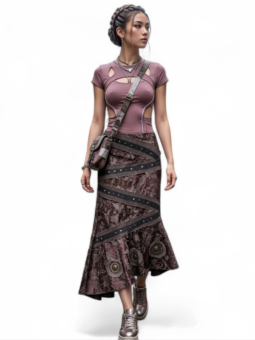 Brown Asymmetrical Whimsigoth Festival Zig Zag Tired Midi Skirt SZ L